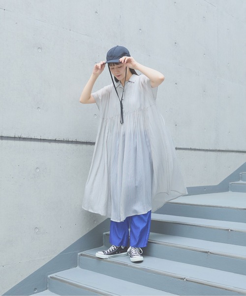 yuni ワンピース 半袖 washer Cu stripe peprum open collar