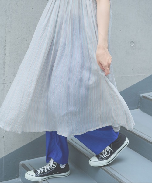 yuni ワンピース 半袖 washer Cu stripe peprum open collar