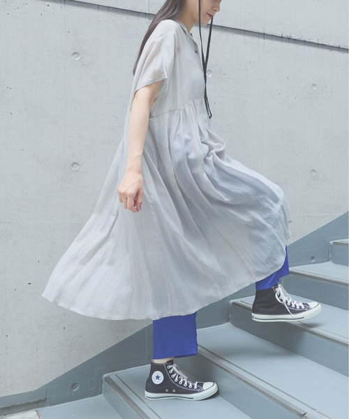 yuni ワンピース 半袖 washer Cu stripe peprum open collar