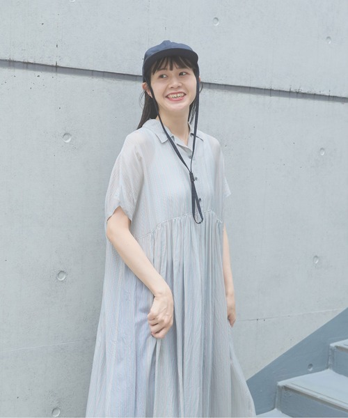 yuni ワンピース 半袖 washer Cu stripe peprum open collar