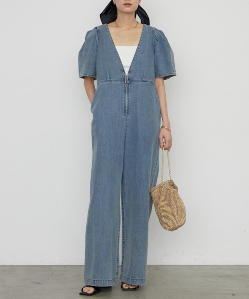 【LOUNGEDRESS】デニムオールインワン Loungedress（ラウンジドレス） オールインワン デニムパフ