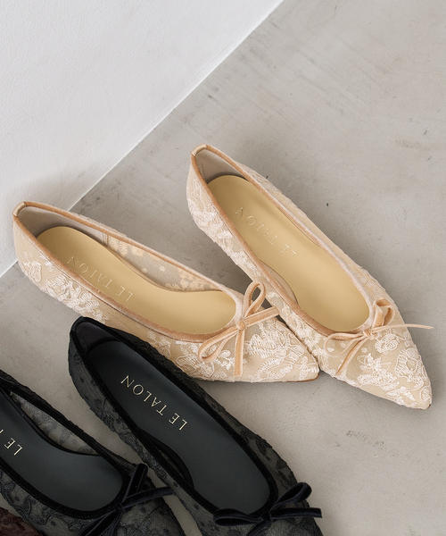 美品 tao ギャルソン 装飾 フラワー フラット パンプス バレエシューズ FLAT（フラット） バレエシューズ パンプス ポインテッドシアーレース