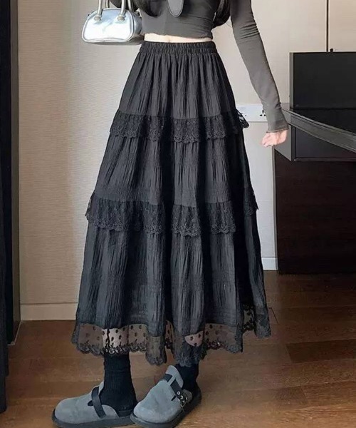 ティアードフリル ブラックロングスカート ベルト付き ロング スカート ティアードフリルレースロングスカート : ZOZOTOWN