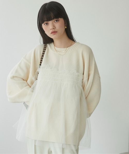 ニット セーター もちもち裾チュールドッキングニット レディース ANGIE ニット セーター チュール ドッキングニット レディース