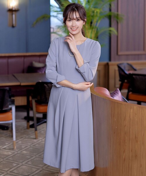 【クラスラウンジ】ワンピース グレー M ミモレ丈 アシメ 毛100%【美品】 Tiaclasse ワンピース アシンメトリータックフレアワンピース