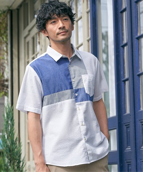 ikka（イッカ） シャツ 半袖 サッカーブロックス切り替えシャツ メンズ