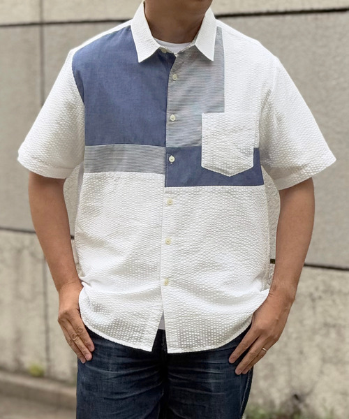 メンズ スムース×ニットサッカー切替シャツ ホワイト ikka（イッカ） シャツ 半袖 サッカーブロックス切り替えシャツ メンズ