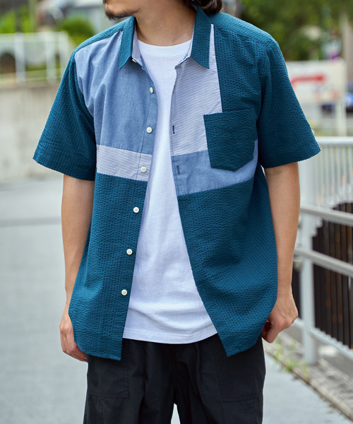 【色鮮やかな切替】ISSEY MIYAKE MEN 日本製 切替半袖カットソー ikka（イッカ） シャツ 半袖 サッカーブロックス切り替えシャツ メンズ