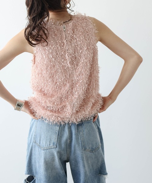 タンクトップ ノースリーブ フェザーフリンジトップス レディース