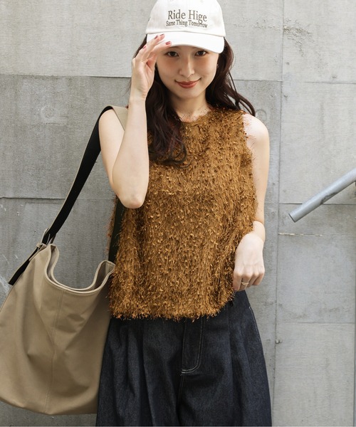 タンクトップ ノースリーブ フェザーフリンジトップス レディース