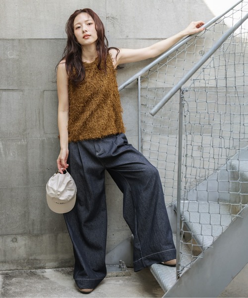 タンクトップ ノースリーブ フェザーフリンジトップス レディース