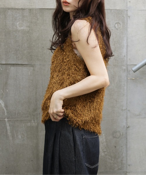 タンクトップ ノースリーブ フェザーフリンジトップス レディース