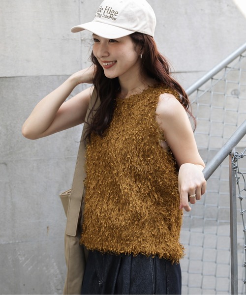 タンクトップ ノースリーブ フェザーフリンジトップス レディース