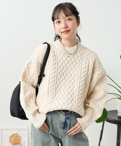 ニット セーター ケーブルミックスニット レディース FREAK'S STORE ニット セーター ミックスケーブル クルーネック