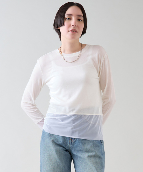 tシャツ チュールコンビクルーネックプルオーバー レディース
