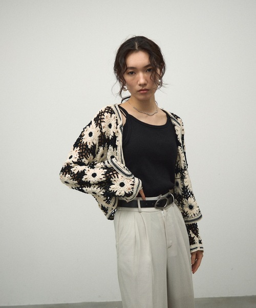 ポンティ PONTI Striped crochet cardigan クロシェカーディガン ニット 長袖 クロップド Vネック 金ボタン F オレンジ ピンク 黒 /DO ■OS ポンティ PONTI Striped crochet cardigan クロシェカーディガン