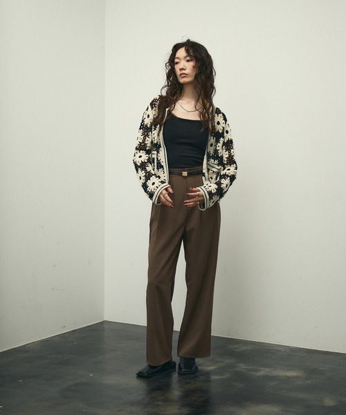 ポンティ PONTI Striped crochet cardigan クロシェカーディガン ニット 長袖 クロップド Vネック 金ボタン F オレンジ ピンク 黒 /DO ■OS カーディガン Crochet Knit Cardigan / クロシェニット