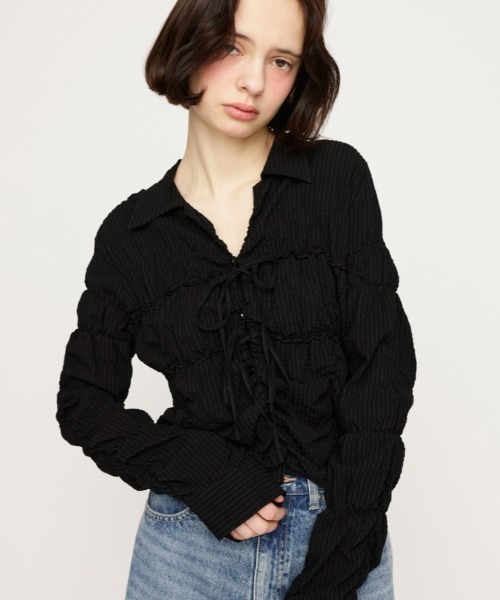 ブラウス シャツ SHIRRING SKIPPER RIBBON SH シャーリング スキッパー リボン シャツ 春服 レディース