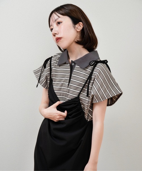 ブラウス シャツ french sleeve multi border tops / フレンチスリーブマルチボーダートップス レディース