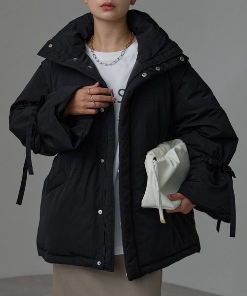 r.（アールドット） ダウンコート ダウンジャケット 中わた袖リボン