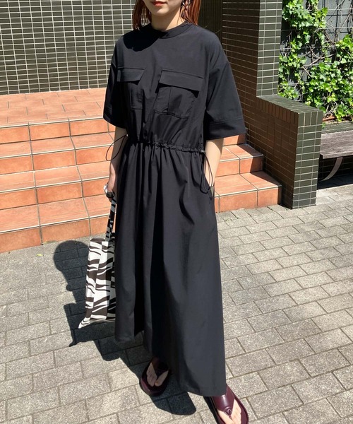 ブラック カットソーロングワンピース 半袖 MAISON DE THERESE（メゾン ド テレーズ） ワンピース 半袖ハイネック