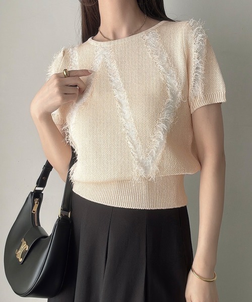 「Meiru」 半袖ニット MEDIUM クリーム レディース_画像3