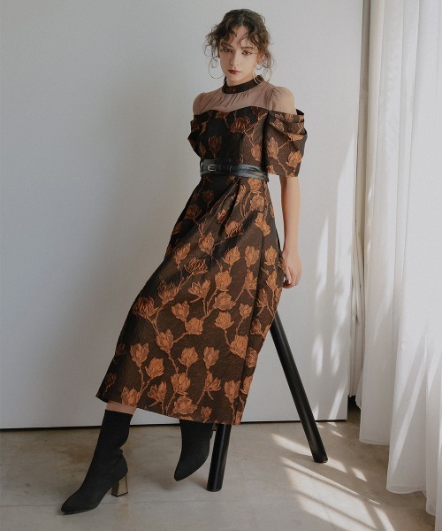 Callarus カラルス　ロングワンピース Callarus］ショルダーデザイン裾レースロング丈ワンピースドレス