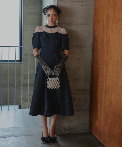 Callarus カラルス　ロングワンピース セール】〔Callarus〕裾スリットレースデザインロング丈ワンピース