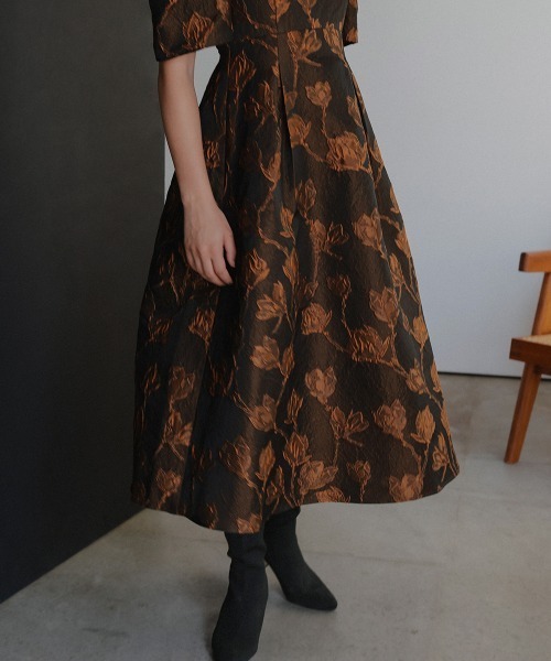 Callarus ドレス タックスリーブジャガードロング丈ワンピースドレス