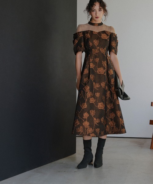Callarus ドレス タックスリーブジャガードロング丈ワンピースドレス