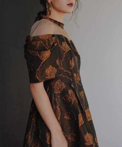 Callarus ドレス タックスリーブジャガードロング丈ワンピースドレス