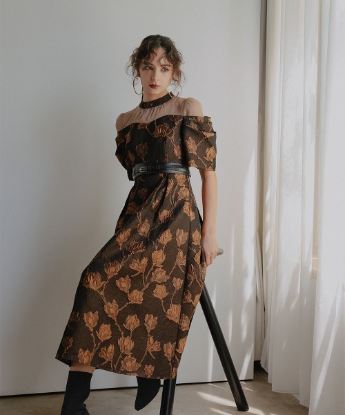 Callarus ドレス タックスリーブジャガードロング丈ワンピースドレス