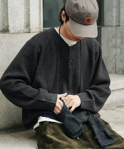 Bleme ヘンリーネック ニットセーター L Bleme セーター ニット ウール混 ラグラン ヘンリーネックニット