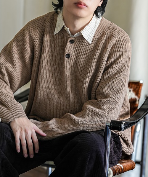 Bleme セーター ニット ウール混 ラグラン ヘンリーネックニット