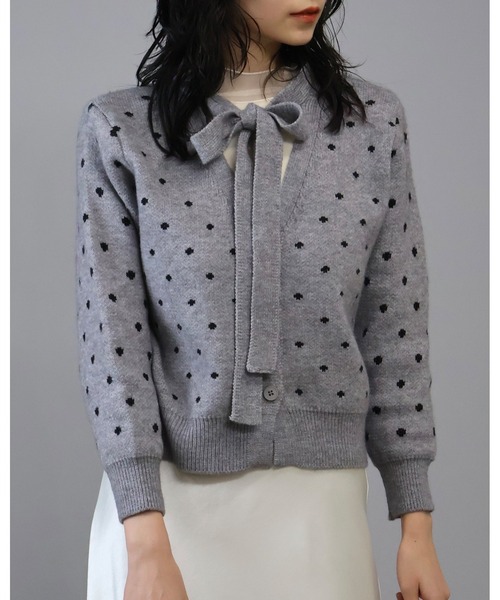 Doumoi カーディガン ドット柄リボンニットカーディガン レディース