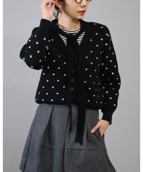 Doumoi カーディガン ドット柄リボンニットカーディガン レディース