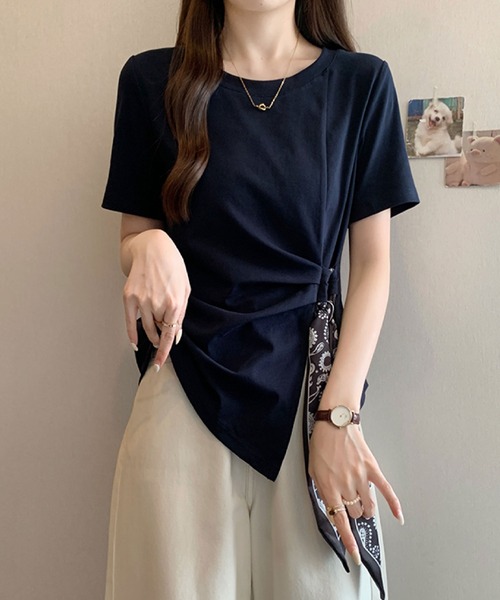 2ly2 tシャツ 半袖 アシンメトリードレープトップス / スカーフ
