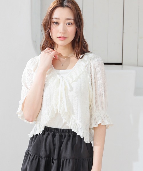 Honeys（ハニーズ） カーディガン 夏 フリルレースボレロ レディース