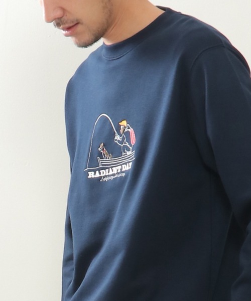 2色 メンズ スクエア刺繍 ラウンドネック スウェットトレーナー ikka トレーナー スウェット フィッシング刺繍トレーナー メンズ