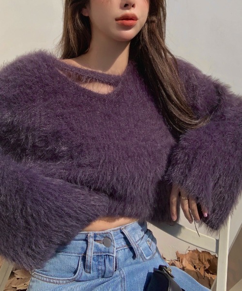 ACYM 新品 タグ付き ニット シャギー クロップド丈 ブラウン ベージュ LADY LIKE ニット セーター クロップド丈V開きシャギーニット
