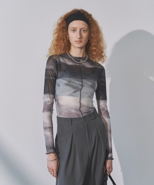 Solace tシャツ ニュアンス柄シアーロングスリーブトップス