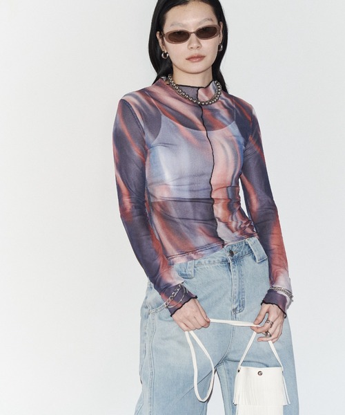Solace tシャツ ニュアンス柄シアーロングスリーブトップス レディース
