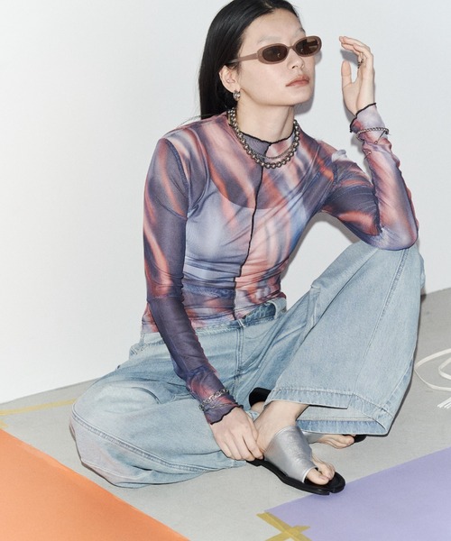 Solace tシャツ ニュアンス柄シアーロングスリーブトップス レディース
