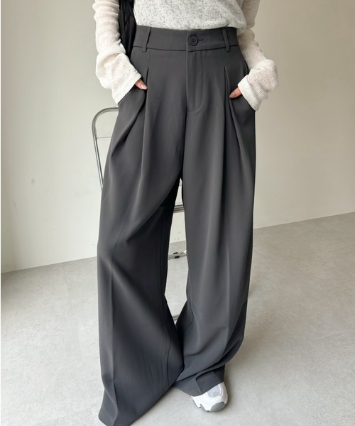 ousph スラックス グレー ワイドシルエット タック入り 美ライン タオバオ Ada. スラックス パンツ 「美脚シルエット」 センタータック