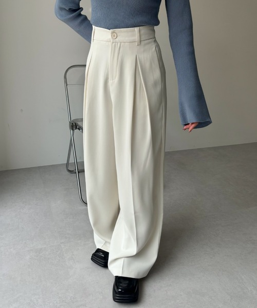ワイドスラックス タック入り ストレートパンツ ゆるシルエット スラックス パンツ 「 低身長向けサイズ 」 タックワイド