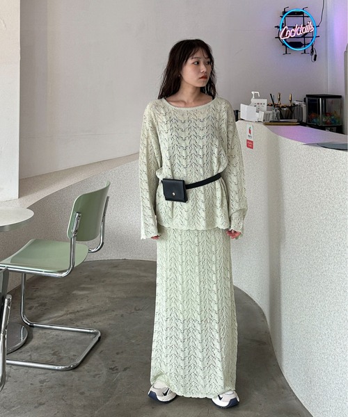 PILIT ロング スカート 「セットアップ可」クロシェニットスカート