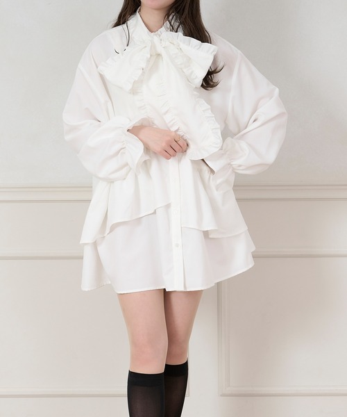 【再入荷】 ボウタイ ホワイトドレス  ワンピース apres jour シャツワンピース チュニックボウタイシャツ