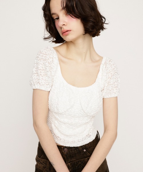 SLY（スライ） tシャツ 半袖 PUFF SLEEVE GATHER CUT TOPS 