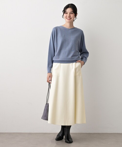 Drawer ミモレ丈スカート メルトン生地 ウール フレア ロング ベージュ Drawer ミモレ丈スカート メルトン生地 ウール フレア ロング ベージュ