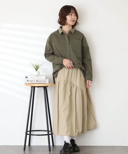 Emago（イマゴ） ブラウス シャツ 植物ライン刺繍シャツ レディース 